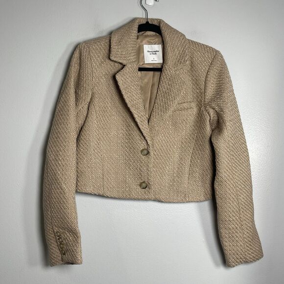 ABERCROMBIE & FITCH Cropped Tweed Blazer Small Beige Brown NEW Preppy Casual - Picture 2 of 9
